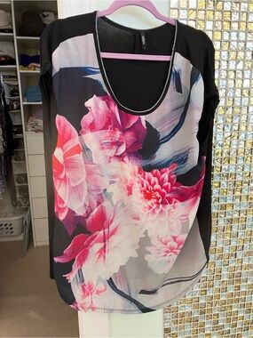 Edista Black Blouse with Floral Mesh overlay with Pink and White Accents 1X